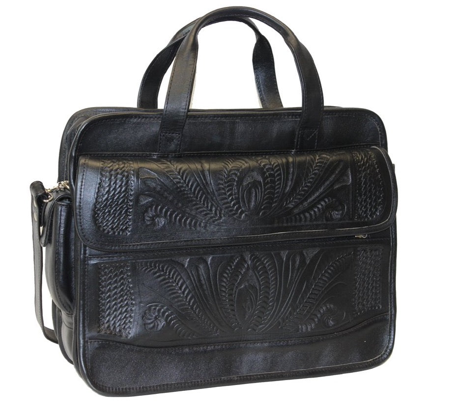 Roller Briefcase. Hand Tooled Leather, Laptop Capacity, and Cotton