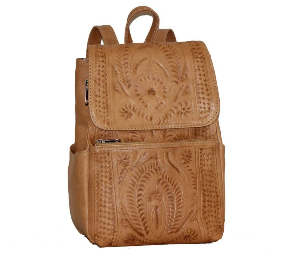 Leather Backpack Purse. Hand Tooled Leather, Multi-Pocket, and