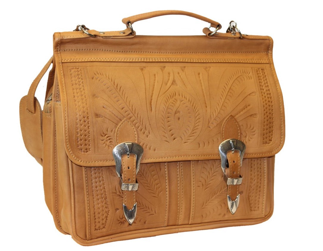 Hand Tooled Leather, Laptop Capacity, and Cotton Lining