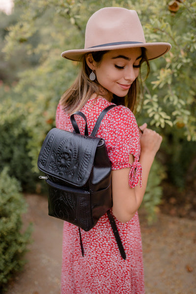 Black Hand Tooled Leather Backpack Purse -item 283