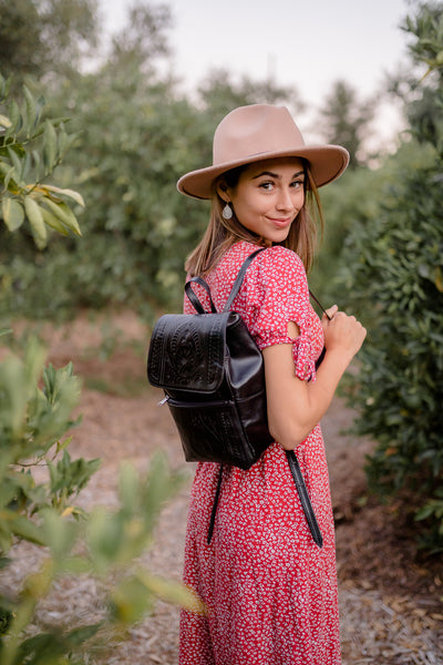 Black Hand Tooled Leather Backpack Purse -item 283