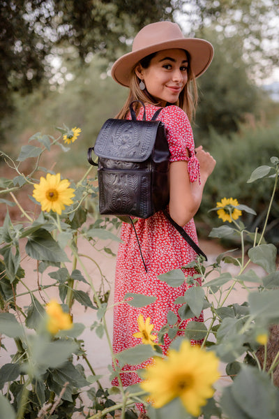 Black Hand Tooled Leather Backpack Purse -item 283