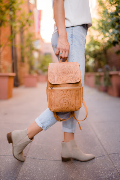 Natural Hand Tooled Leather Backpack Purse -item 283