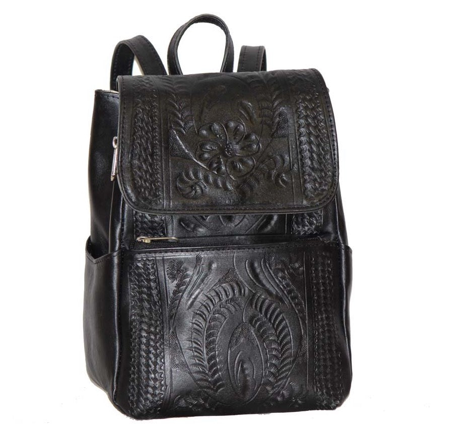 Leather Backpack Purse. Hand Tooled Leather, MultiPocket, and Cotton