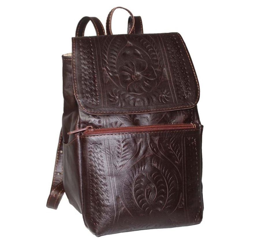 Leather Backpack Purse. Hand Tooled Leather, Multi-Pocket, and