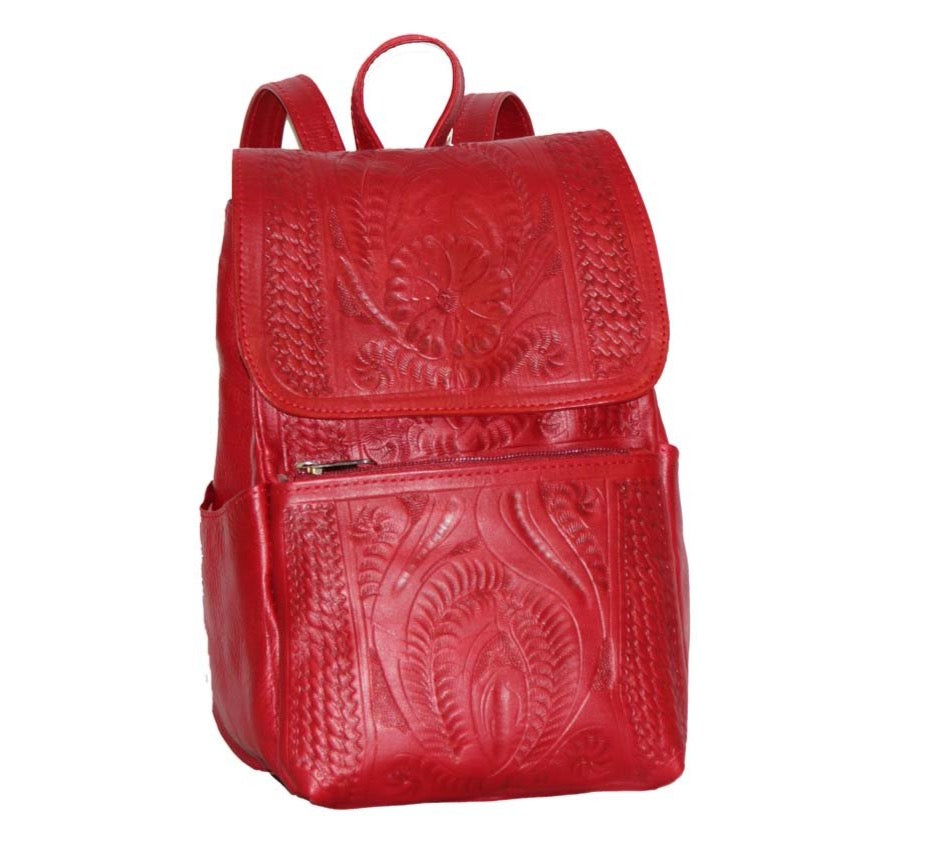 Leather Backpack Purse. Hand Tooled Leather, Multi-Pocket, and