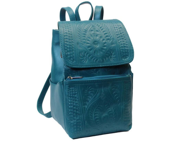 Turquoise Hand Tooled Leather Backpack Purse -item 283