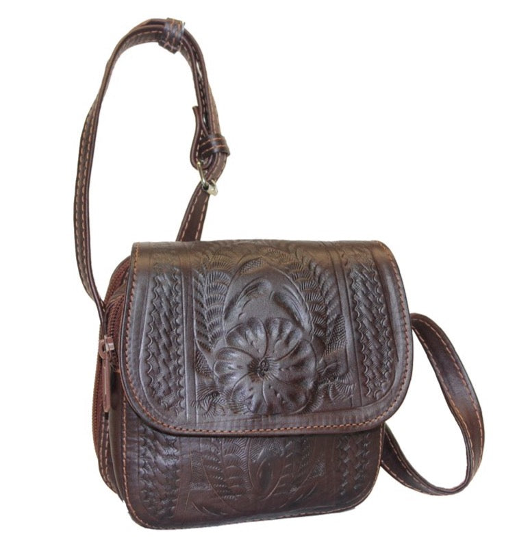 Crossbody Purse. Hand Tooled Leather, Card Slots, and Cotton