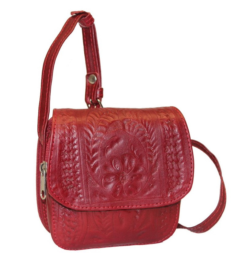 Crossbody Purse. Hand Tooled Leather, Card Slots, and Cotton