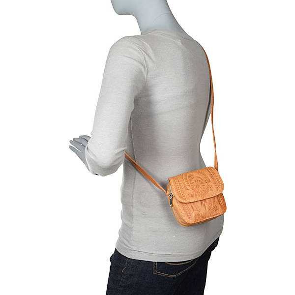 WESTRIDE 【LEATHER MINI SHOULDER BAG】 Crossbody Purse. Hand Tooled Leather, Card Slots, and Cotton