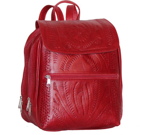 Red Hand Tooled Leather Backpack Purse by Ropin West -item 382