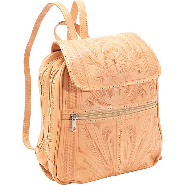 Leather Backpack Purse. Hand Tooled Leather, Multi-Compartment, and Cotton Lining | Ropin West Natural Leather Backpack Purse. Hand Tooled Leather, Multi-Compartment, and Cotton Lining | Ropin West Natural