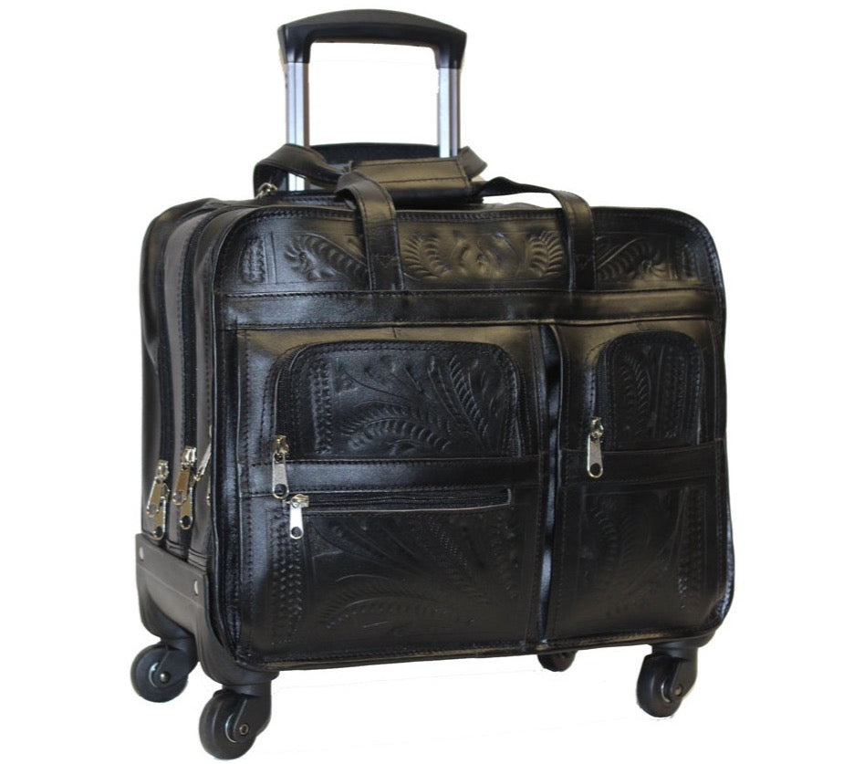 Roller Briefcase. Hand Tooled Leather, Laptop Capacity, and Cotton