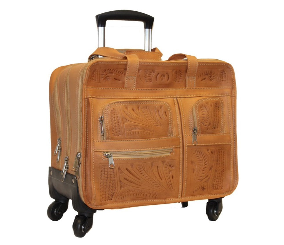 Roller Briefcase. Hand Tooled Leather, Laptop Capacity, and Cotton