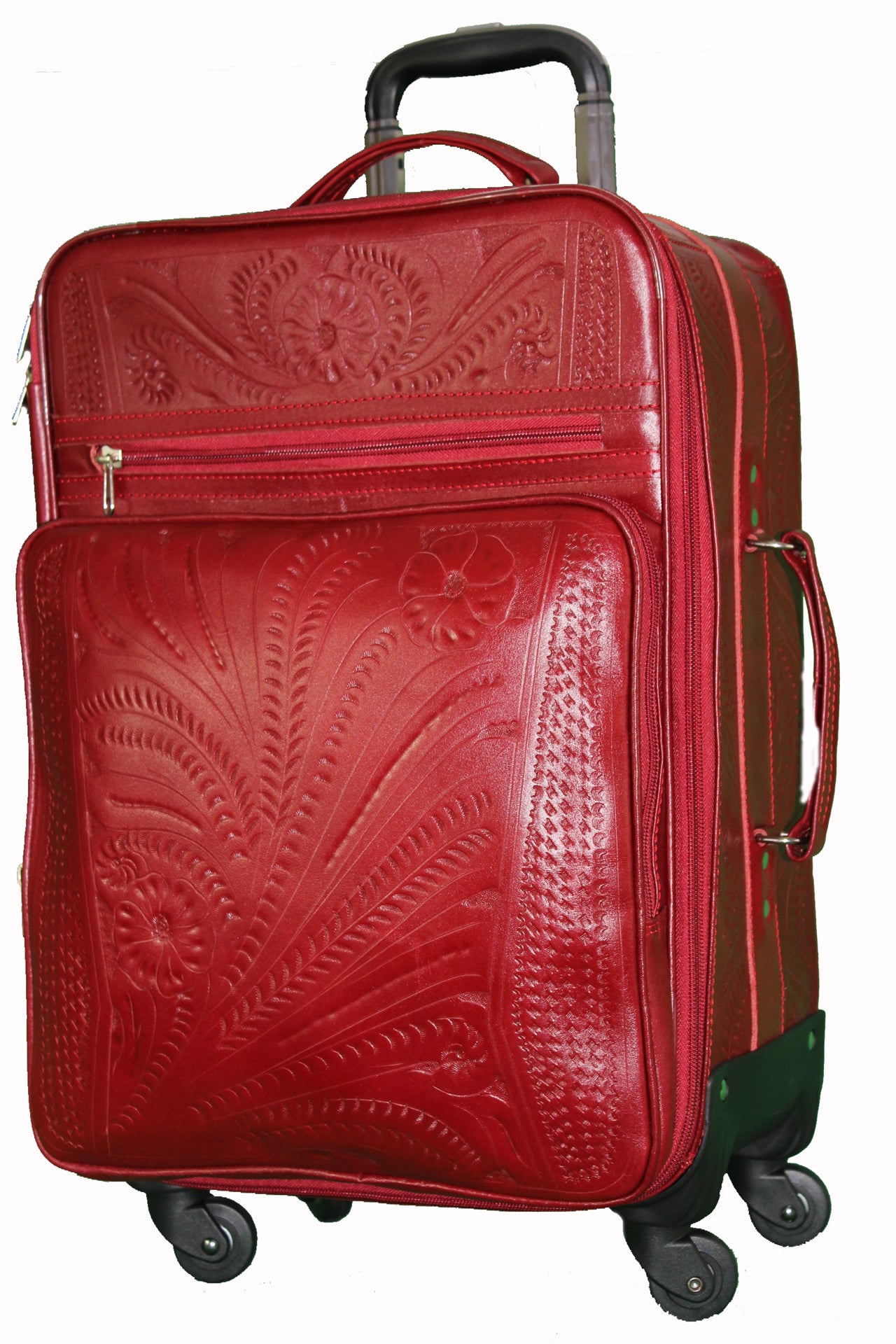 Roller Carryon Luggage. Hand Tooled Leather, Multi-Pocket, and