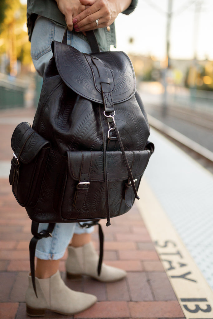 black tooled leather backpack Travel Backpack. Hand Tooled Leather, Multi-Pocket, and Cotton Lining