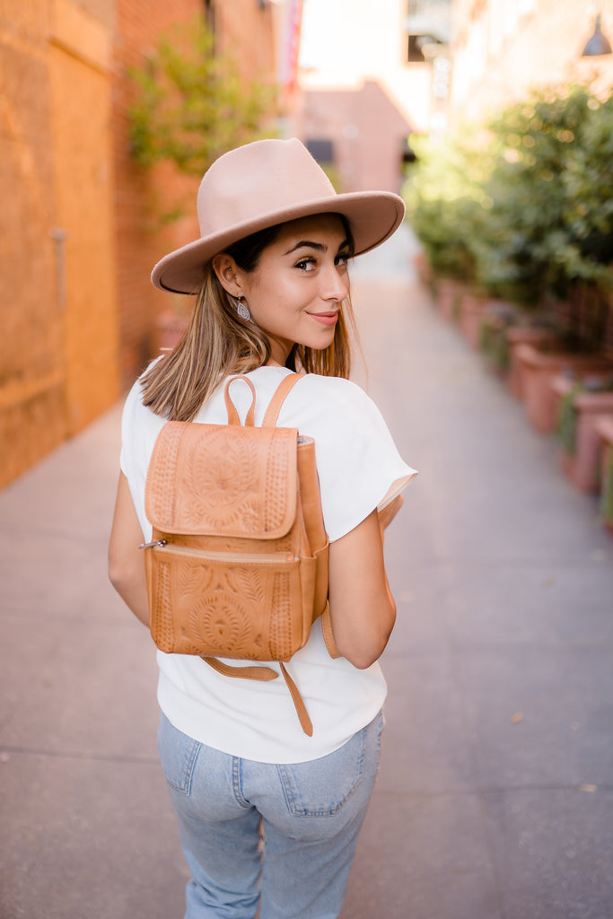 Leather Backpack Purse. Hand Tooled Leather, Multi-Pocket, and Cotton Lining