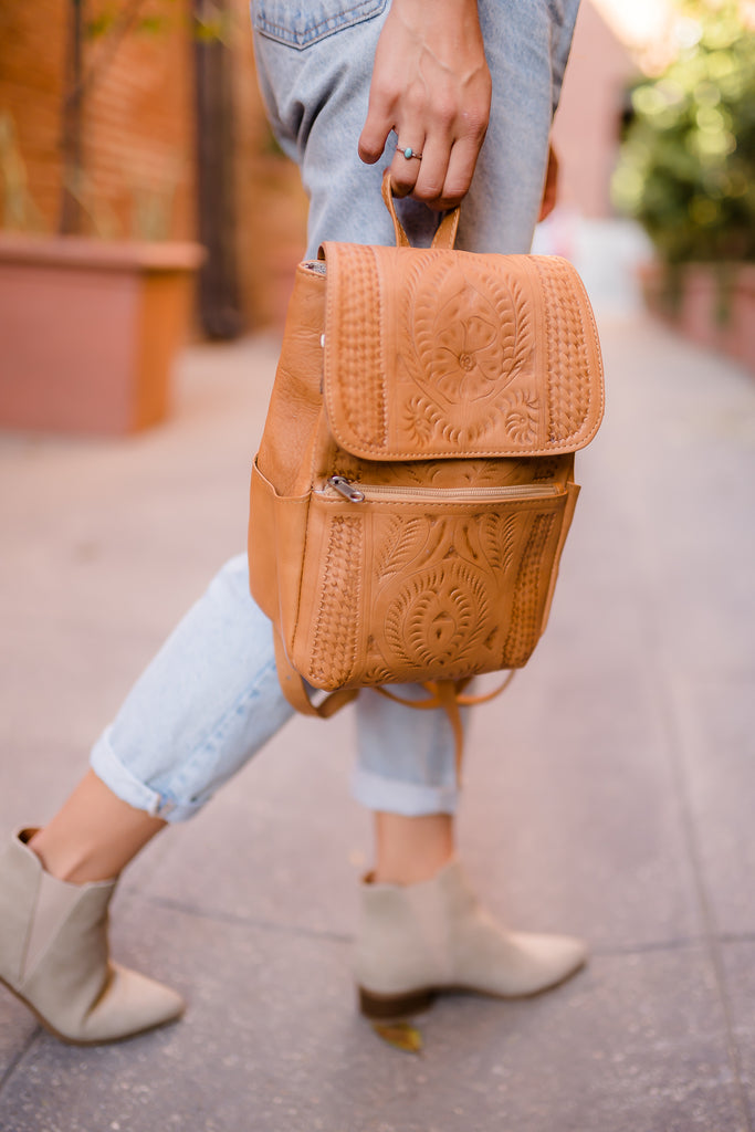 all leather backpack purse Leather Backpack Purse. Hand Tooled Leather, Multi-Pocket, and Cotton Lining